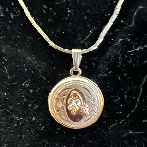 Vintage black hills gold locket with gold tone chain. Grape leaf and vine motif.